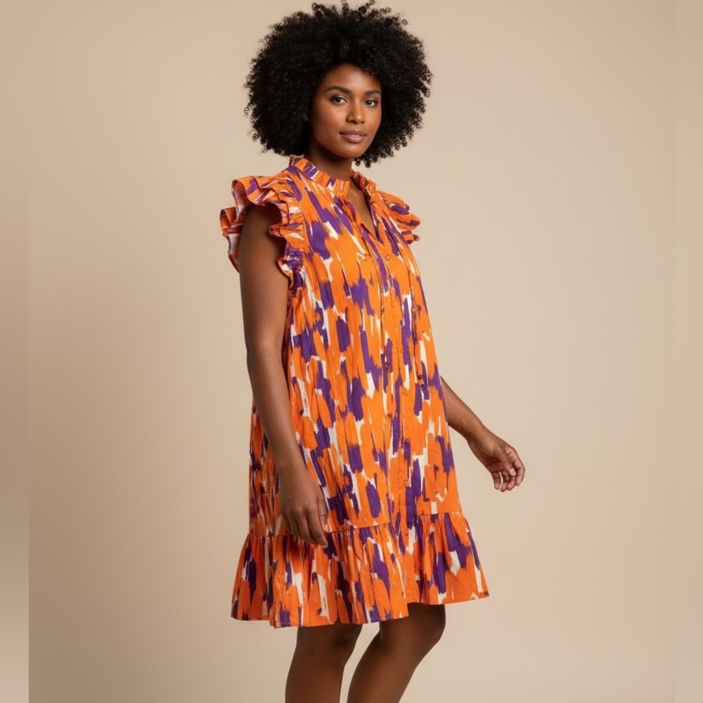 Orange & Purple Ruffle Sleeve Dress Tailgate Time Michelle McDowell Size S New